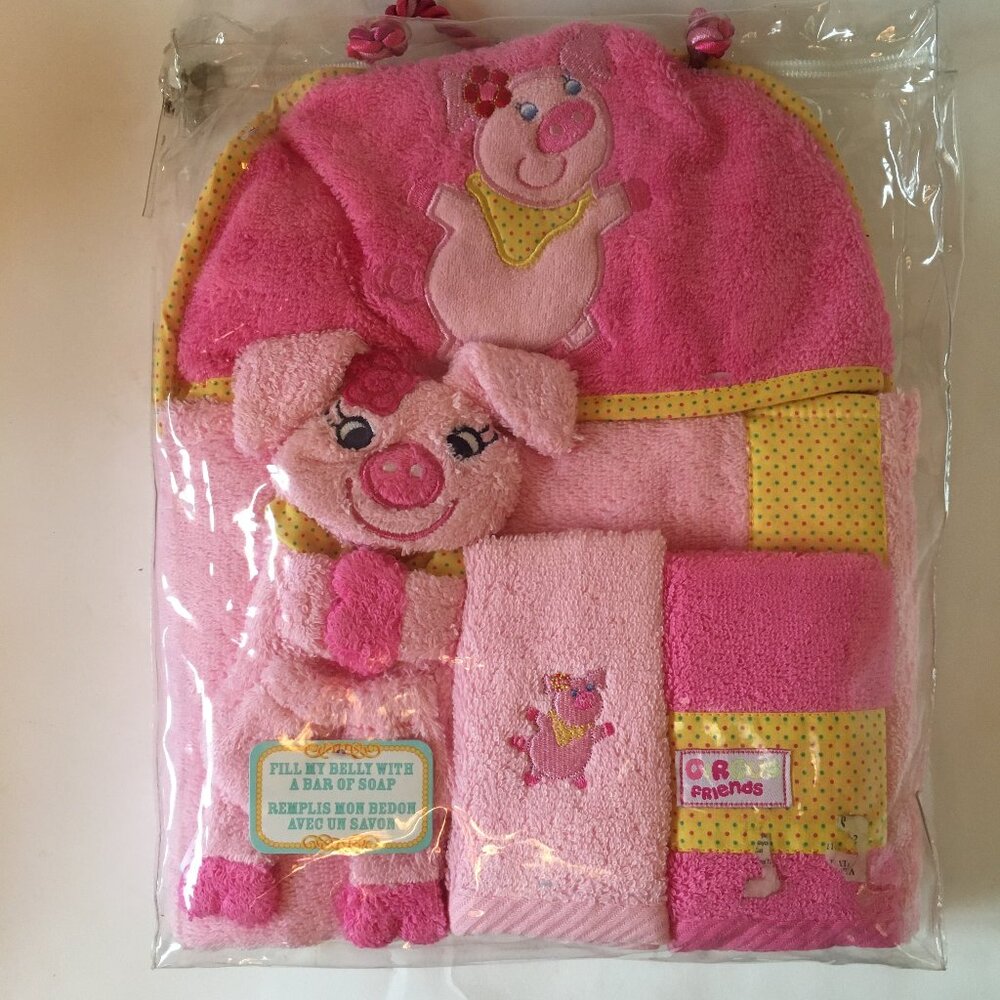 Pig Towel Girl Piccolo Bambino Baby Pink Circus Friends Hooded Bath 4 pc Set New